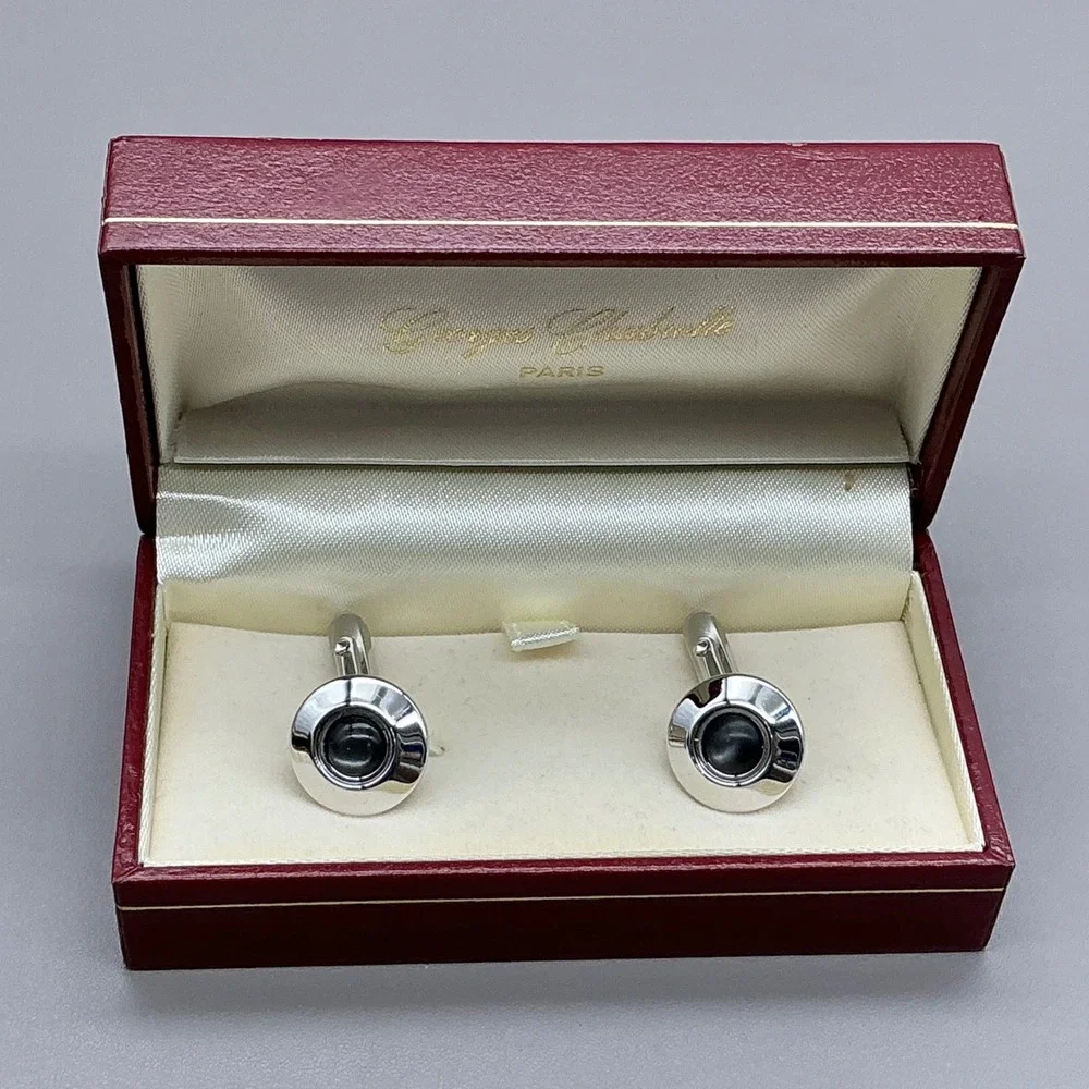 Vintage Georges Chabrolle Paris Cufflinks Silver Tone Black Enamel With Box